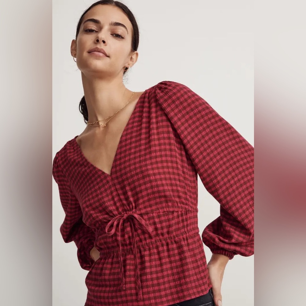 MADEWELL Red Plaid Crinkled V-Neck Peplum Top Sz M